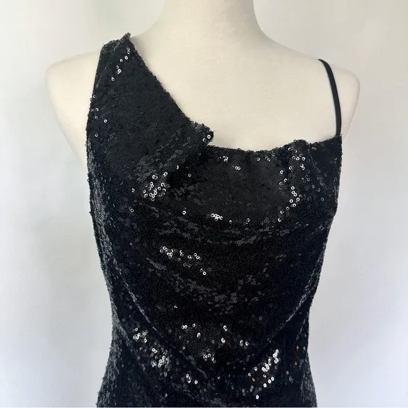 NWT Hello Molly Black Sequin Mini Dress with Asymmetrical Neckline | Size Large - Picture 2 of 5